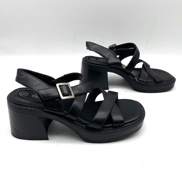 Vintage 90s Y2K Lower East Side Black Faux Leather Strappy Block Heel Sandal 5.5 - Picture 4 of 16